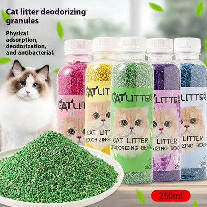 Furvio Shop long-lasting cat litter deodorizing beads in a clear container, designed to control odors and keep litter fresh.