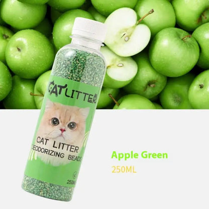 Long-lasting cat litter deodorizing beads by Furvio Shop, showing white beads in a container for odor control.