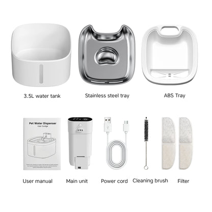 Furvio Shop AquaFlow Wireless Smart Pet Fountain in 3.5L, showing sleek design and water flow for pets.