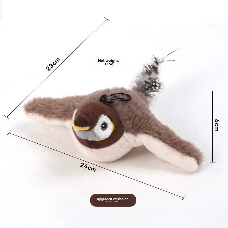 Furvio Shop interactive flapping bird cat toy with USB rechargeable design, featuring colorful feathers and a playful cat interaction scene.