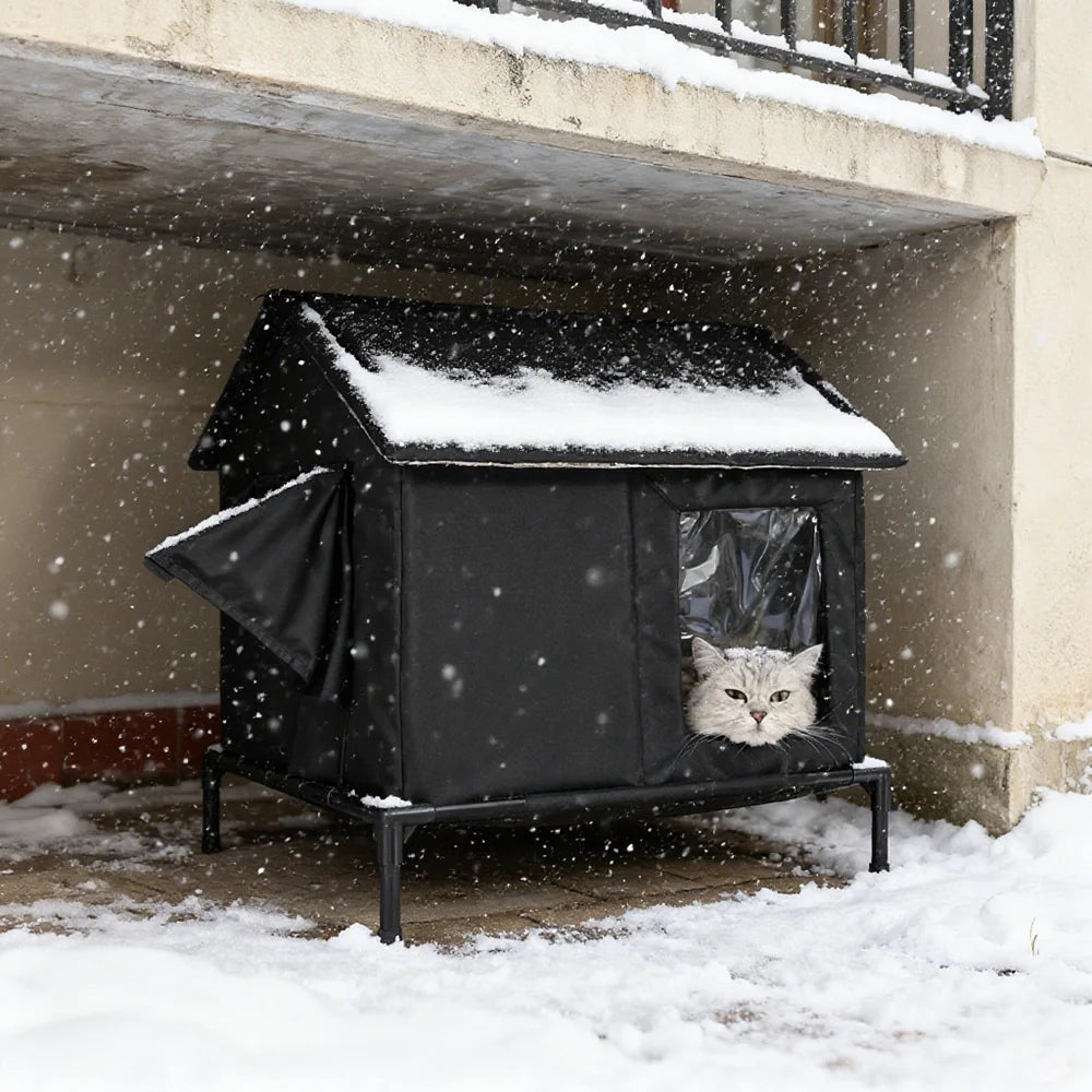 Furvio Shop elevated insulated outdoor cat shelter with waterproof design, featuring a sturdy structure and cozy entry for outdoor cats.