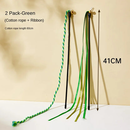 Furvio Shop interactive cotton rope and ribbon cat teaser wand with colorful feathers and playful design for feline entertainment