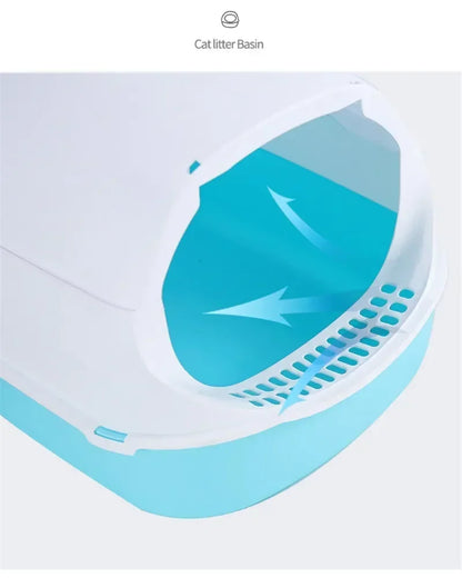 Semi-enclosed splashproof cat litter box by Furvio Shop with high sides and a front entry, designed to contain litter and reduce mess.