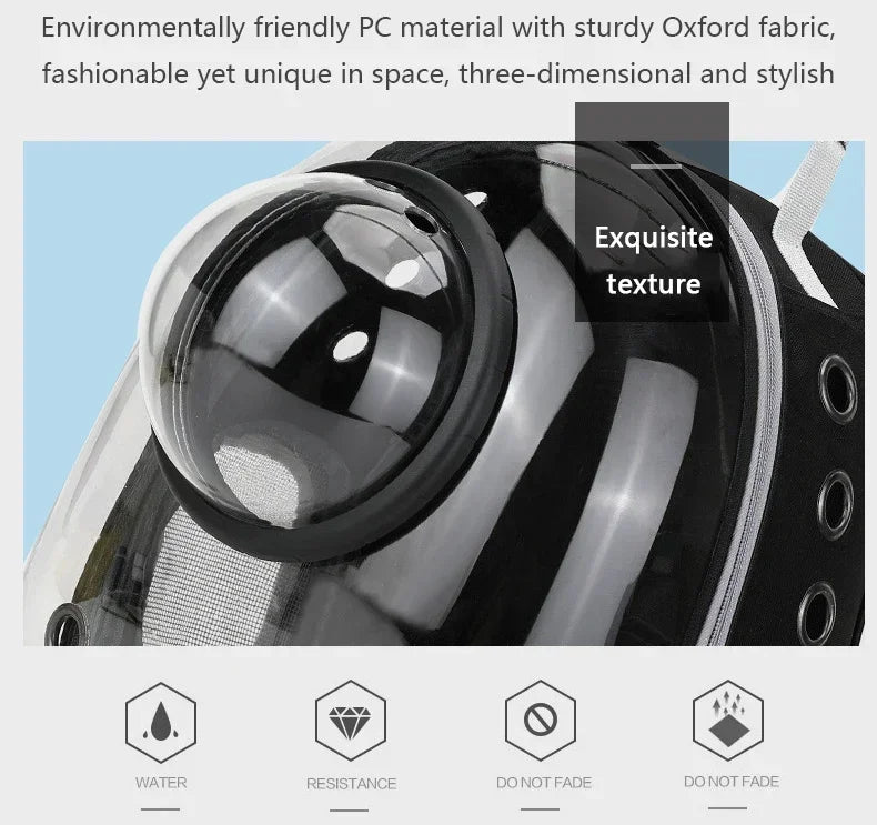 Transparent space capsule pet backpack by Furvio Shop, showing a clear, lightweight design with a comfortable carrying harness.