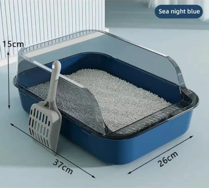Semi-enclosed splashproof cat litter box by Furvio Shop featuring a durable plastic design and built-in scoop holder.