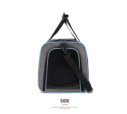 Expandable breathable pet carrier bag by Furvio Shop with mesh sides, padded handle, and adjustable straps for comfortable travel.