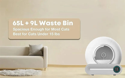 Furvio Shop Tonepie smart self-cleaning cat litter box with 65L capacity, showcasing its sleek design and automatic cleaning features.
