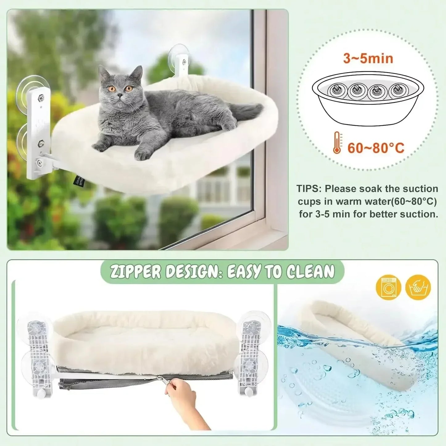 Cordless window cat hammock and sunbed by Furvio Shop, showing a cozy hanging bed with a cat relaxing in the sun.