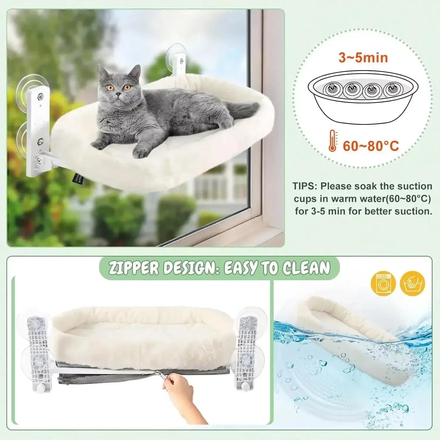 Cordless window cat hammock and sunbed by Furvio Shop, showing a cozy hanging bed with a cat relaxing in the sun.