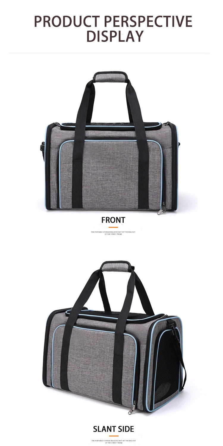 Expandable breathable pet carrier bag by Furvio Shop featuring mesh sides, adjustable straps, and compact design for pets.
