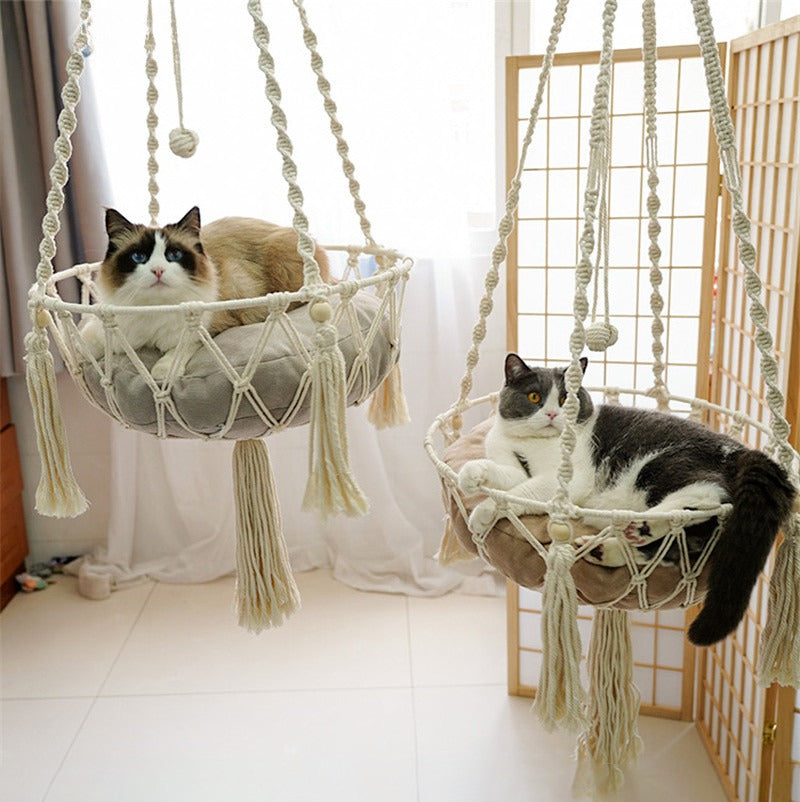 Boho macrame hand-woven cat hammock swing by Furvio Shop, featuring a cozy, stylish design for comfortable feline lounging.