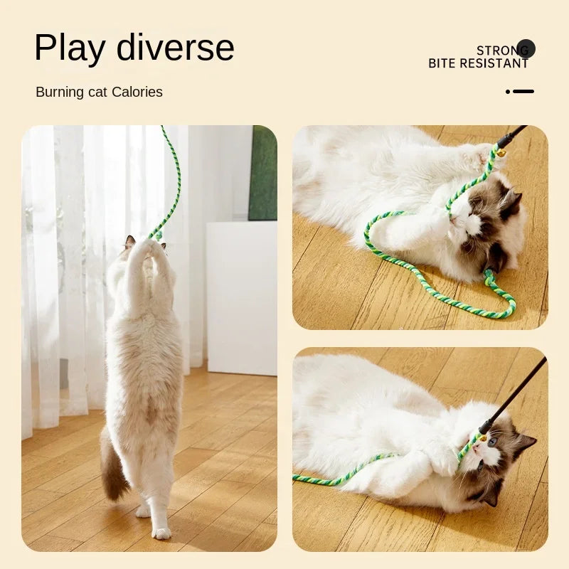 Furvio Shop interactive cotton rope and ribbon cat teaser wand with colorful feathers and playful design for cats.