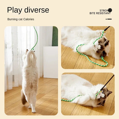 Furvio Shop interactive cotton rope and ribbon cat teaser wand with colorful feathers and playful design for cats.