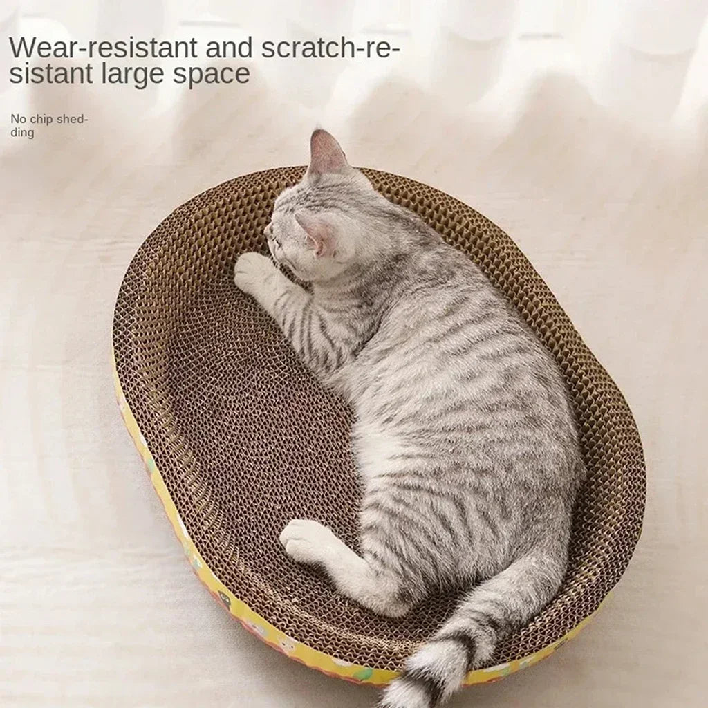 Furvio Shop oval corrugated cat scratcher and lounge bed with cozy surface and sturdy corrugated design for cats.