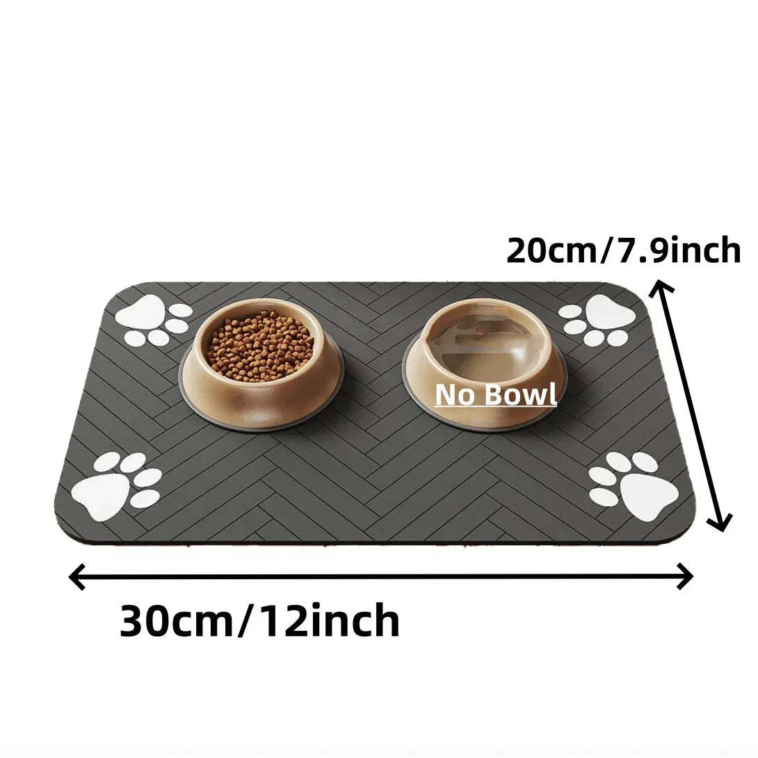 Furvio Shop quick-dry absorbent pet feeding mat with paw print design, ideal for catching spills and keeping feeding area clean.