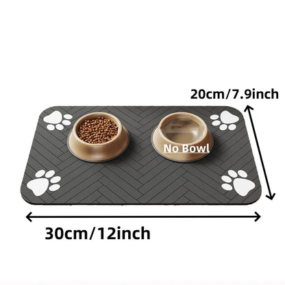 Furvio Shop quick-dry absorbent pet feeding mat with paw print design, ideal for catching spills and keeping feeding area clean.