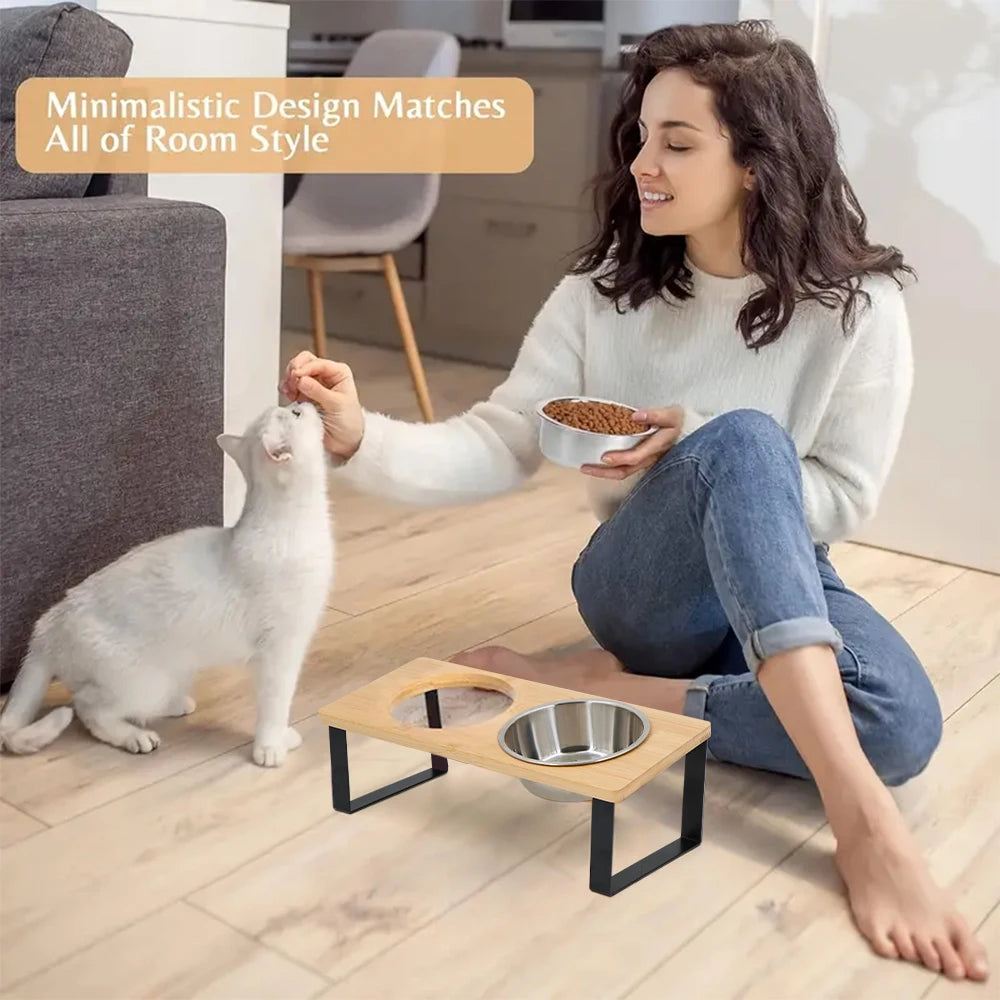 Elevated wooden dual cat bowl set by Furvio Shop with two ceramic bowls on a sleek wooden stand for easy feeding.