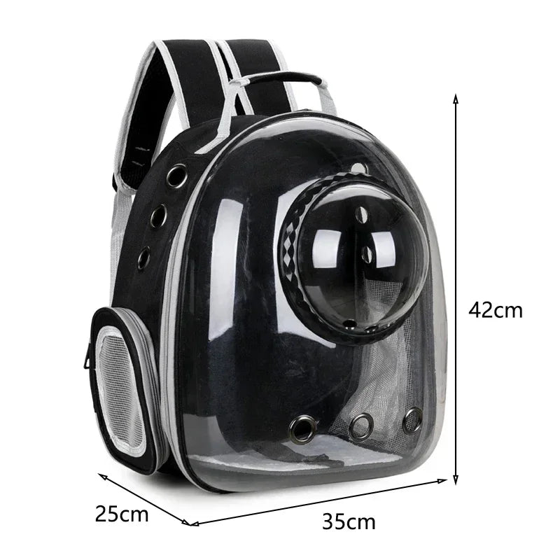 Transparent space capsule pet backpack by Furvio Shop showing clear plastic design with adjustable straps and breathable mesh sections.