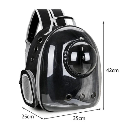 Transparent space capsule pet backpack by Furvio Shop showing clear plastic design with adjustable straps and breathable mesh sections.