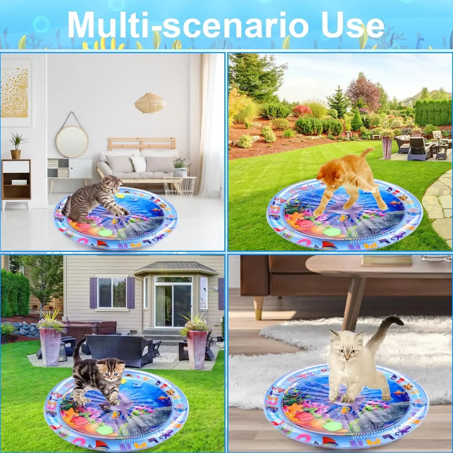 Interactive sensory cooling water mat for pets by Furvio Shop, showing a dog enjoying the textured, refreshing water surface.