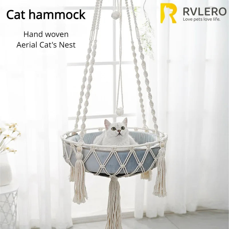 Boho macrame hand-woven cat hammock swing with cozy fabric cushion, hanging design, suitable for pet comfort and home decor.