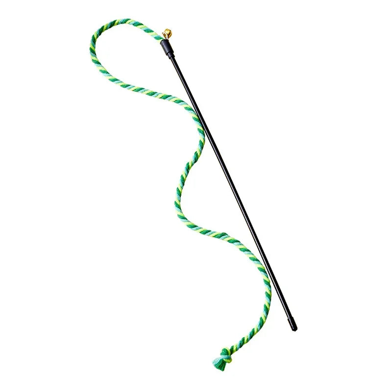 Furvio Shop cotton rope and ribbon cat teaser wand with colorful ribbons and a cotton handle, designed for interactive play with cats.