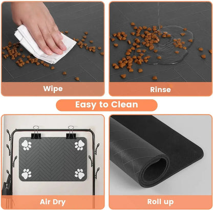Furvio Shop quick-dry absorbent pet feeding mat with colorful paw print design, made for easy cleaning and water absorption.