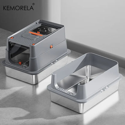Premium stainless steel enclosed cat litter box by Furvio Shop with a sleek, modern design and secure lid for easy cleaning.
