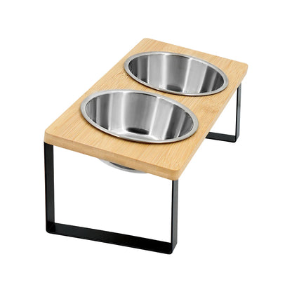 Elevated wooden dual cat bowl set by Furvio Shop with two stainless steel bowls on a natural wood stand for pets.