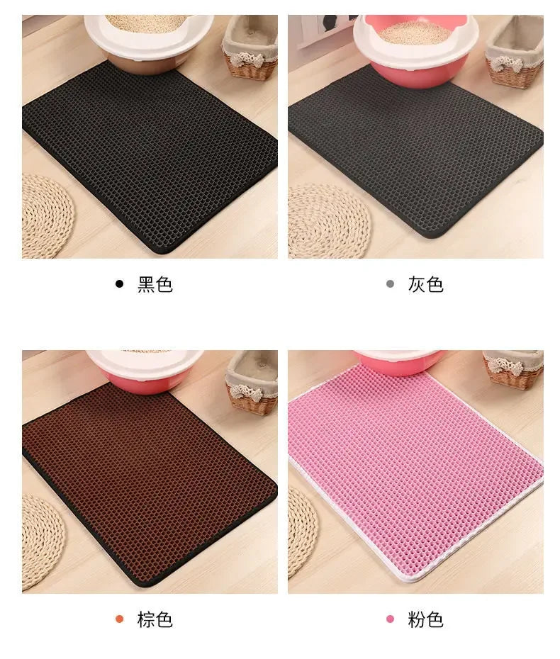 Furvio Shop cat litter mat with double layer waterproof design, non-slip washable pet litter box pad, and clean sand bed for cats.