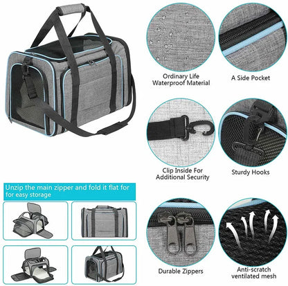 Expandable breathable pet carrier bag by Furvio Shop with mesh panels and adjustable straps for comfortable pet travel.