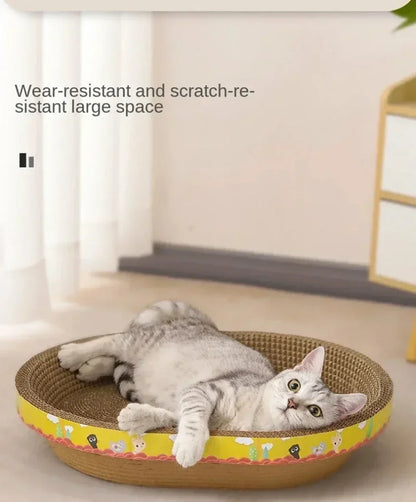 Oval corrugated cat scratcher and lounge bed by Furvio Shop, showing a cozy, textured scratching surface with a comfortable resting area.