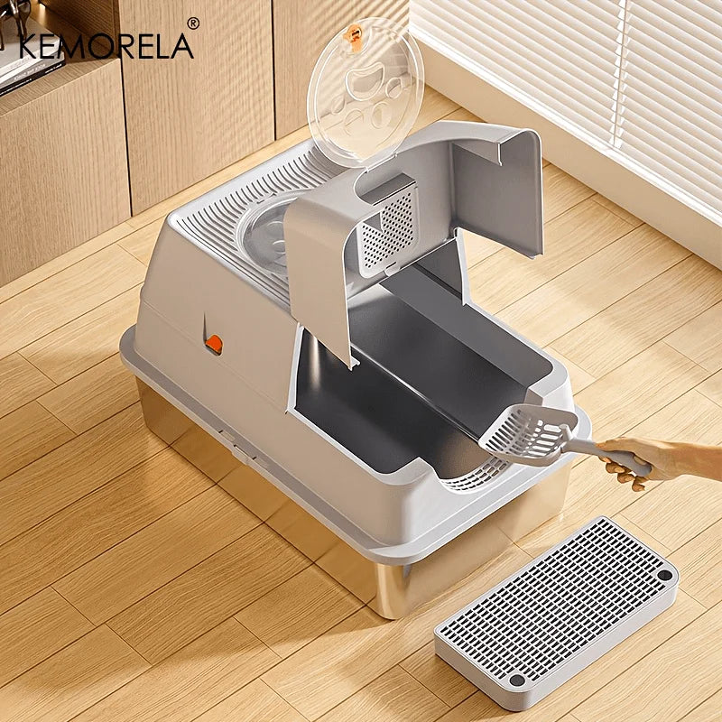Furvio Shop odor-proof stainless steel enclosed litter box with door, designed for easy cleaning and odor control for cats