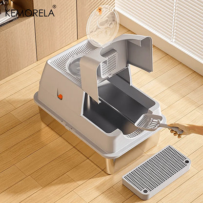 Furvio Shop odor-proof stainless steel enclosed litter box with door, designed for easy cleaning and odor control for cats