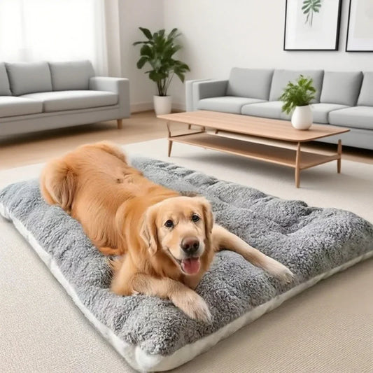 Extra large dual-sided plush dog bed and crate mat by Furvio Shop, soft and comfortable for large dogs, shown with plush fabric.