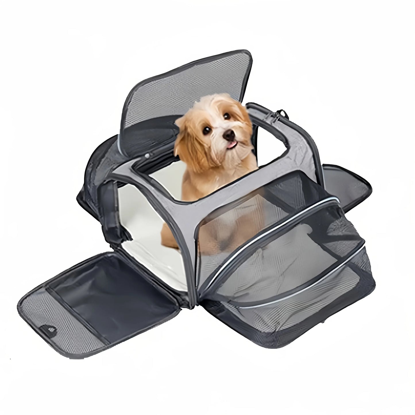 Expandable breathable pet carrier bag by Furvio Shop featuring mesh sides, adjustable straps, and compact design for easy pet travel.