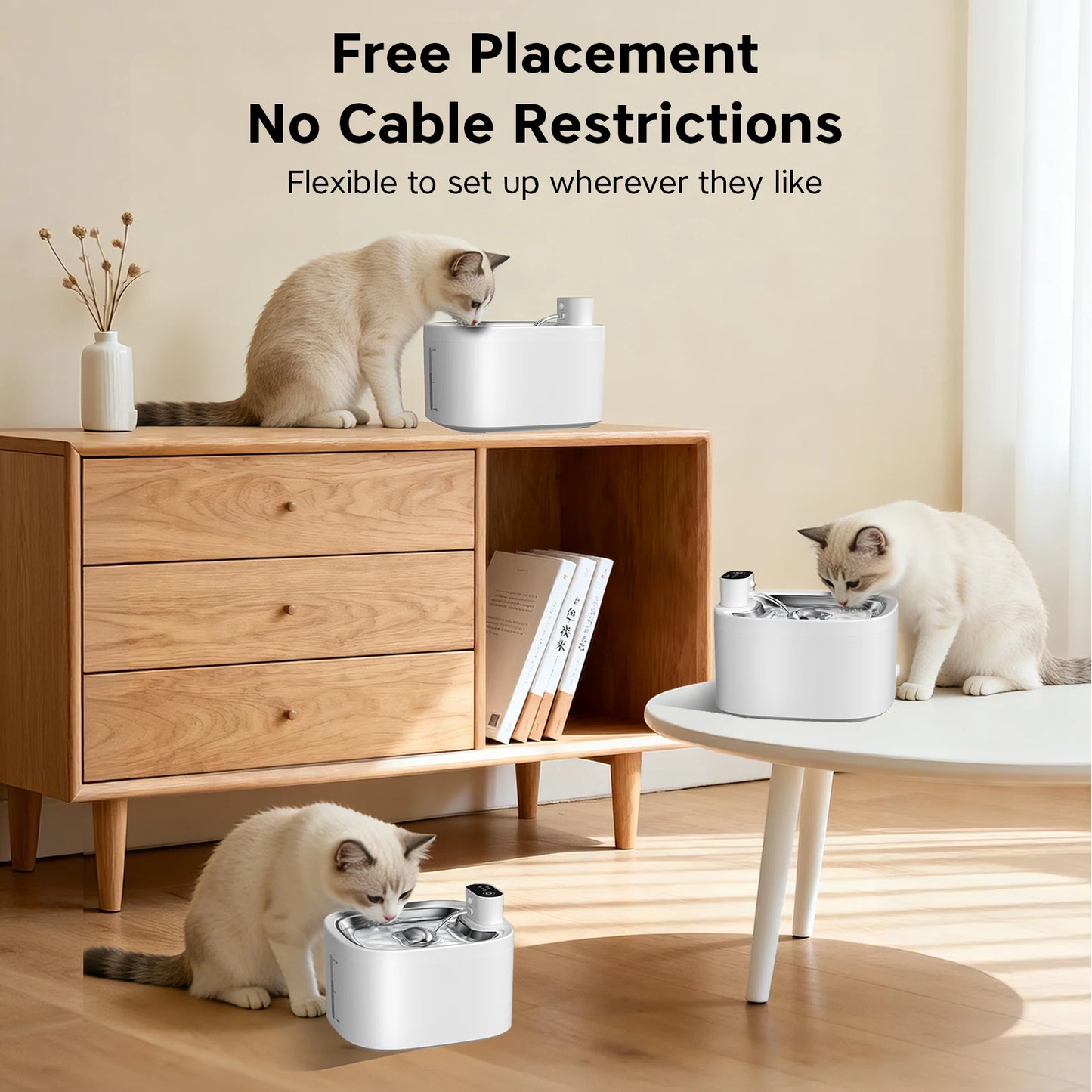 Furvio Shop AquaFlow Wireless Smart Pet Fountain with 3.5L capacity, showcasing sleek design and water flow for pets.
