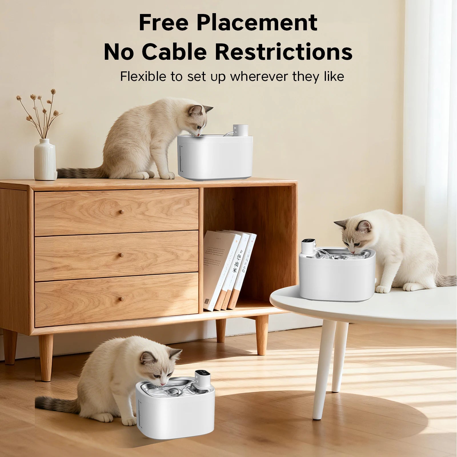 Furvio Shop AquaFlow Wireless Smart Pet Fountain with 3.5L capacity, showcasing sleek design and water flow for pets.