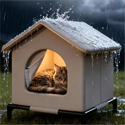 All-season waterproof stray cat house by Furvio Shop, elevated design with cozy interior and sturdy exterior for outdoor shelter.