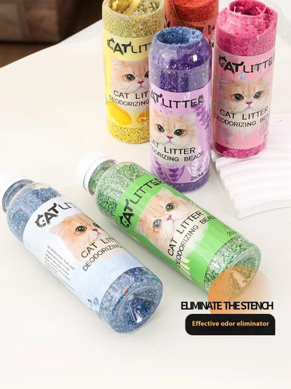 Furvio Shop long-lasting cat litter deodorizing beads in a clear container, designed to control odor in cat litter boxes.