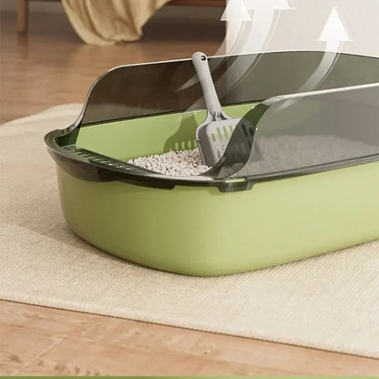 Open top splashproof cat litter box by Furvio Shop with high sides and smooth edges for easy cleaning and odor control.