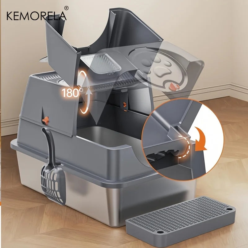 Furvio Shop odor-proof stainless steel enclosed litter box with door and ventilation for clean pet waste management